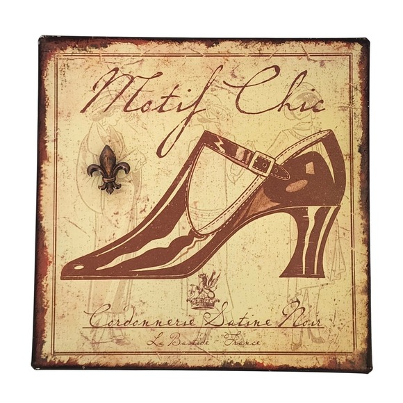 Other - Motif Chic French Vintage Style Tin Metal Wall Art Shoe Sign with Magnet 9.5x9.5